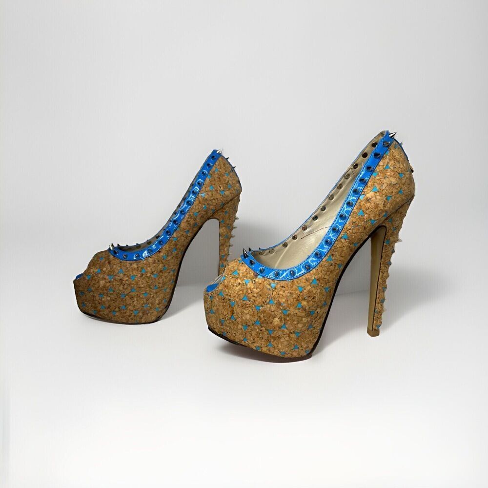 Red Kiss Studded Ruby Blue Cork High Heels Dancer Sz 8 Platform Spikes 5" Heel